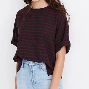 Madewell Plaid Boxy Tee Textured Cuffed Sleeve Top Size S